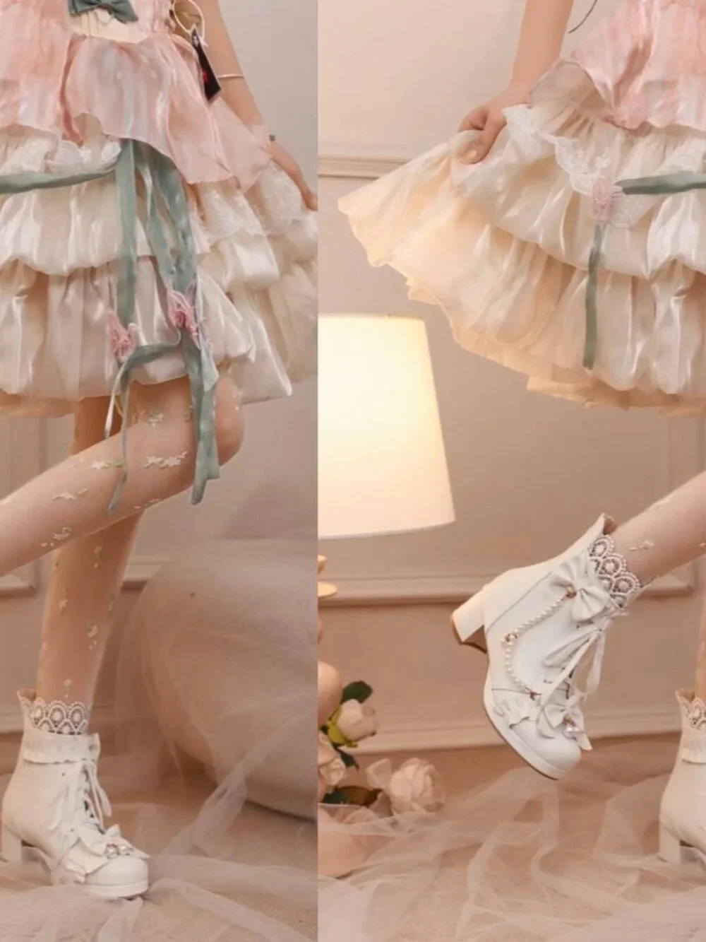 Chunky Mid Heel Ankle Boots Bow Platform Lace Up Booties with Pearl